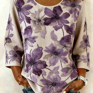 Crew Neck Half Sleeve Floral Printing Regular Micro-Elasticity Regular Fit Blouse For Women, Blouses, color:Purple|size:5XL, catalog Noracora shop
