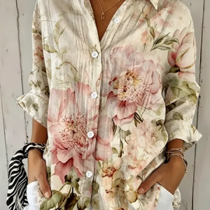Shirt Collar Three Quarter Sleeve Floral Regular Loose Shirt For Women, Shirts, color:As Picture|size:5XL, catalog Noracora shop