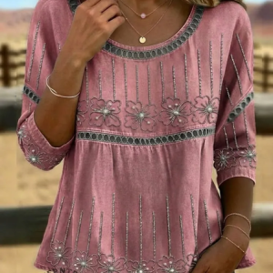Crew Neck Half Sleeve Floral Regular Micro-Elasticity Loose Blouse For Women, Blouses, color:Light Pink|size:4XL, catalog Noracora shop