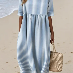 Women Striped Summer Dress Crew Neck Half Sleeve A-Line Dress, Dresses, color:Blue|size:M, catalog Noracora shop