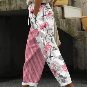Women Floral Long Pants Casual Spring/Fall Trousers, JustFashionNow Pants, color:Pink|size:5XL