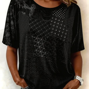 Vintage Geometric Crew Neck Short Sleeve T-shirt, T-shirts, color:Black|size:5XL, catalog Noracora shop