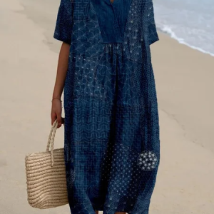 Women Floral Spring/Fall Dress V Neck Long Sleeve Shirt Dress A-Line Dress, Dresses, color:Navyblue|size:4XL, catalog Noracora shop
