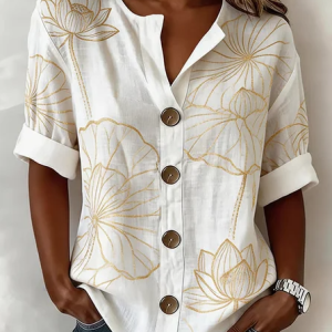 Stand Collar Long Sleeve Floral Regular Loose Shirt For Women, Shirts, color:Apricot|size:4XL, catalog Noracora shop