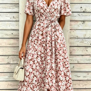 Women Floral Summer Dress V Neck Short Sleeve Fit & Flare Dress A-Line Dress, Dresses, color:Pink|size:5XL, catalog Noracora shop