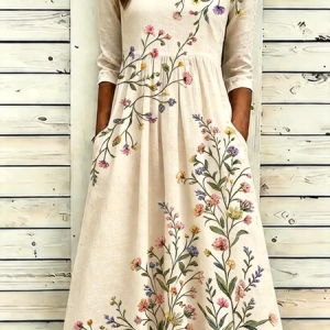 Women Floral Summer Dress Crew Neck Half Sleeve A-Line Dress, Dresses, color:Apricot|size:5XL, catalog Noracora shop