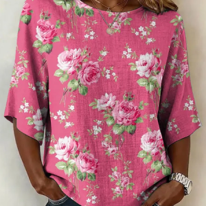 Crew Neck Half Sleeve Floral Printing Regular Micro-Elasticity Regular Fit Blouse For Women, Blouses, color:Rose Red|size:5XL, catalog Noracora shop