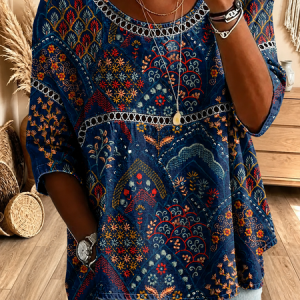 Crew Neck Half Sleeve Ethnic Geometry Regular Micro-Elasticity Loose Graphic Tee Blouse For Women, Blouses, color:flower|size:4XL, catalog Noracora shop