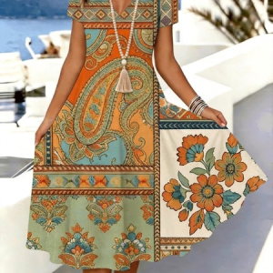 Women Floral Summer Dress V Neck Short Sleeve A-Line Dress, Dresses, color:As Picture|size:5XL, catalog Noracora shop