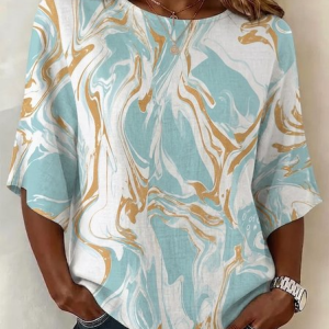 Crew Neck Half Sleeve Abstract Printing Regular Micro-Elasticity Loose Blouse For Women, Blouses, color:Lightgreen|size:5XL, catalog Noracora shop