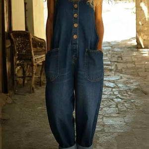 Women Plain Crew Neck Sleeveless Vintage Summer Cotton And Linen Jumpsuit, Jumpsuits&Rompers, color:Deep Blue|size:5XL, catalog Noracora shop