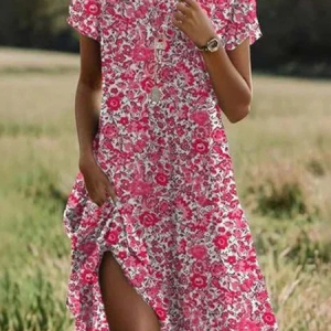 Women Floral Summer Dress Crew Neck Short Sleeve Tunic H-Line Dress, Dresses, color:Pink|size:XXL, catalog Noracora shop