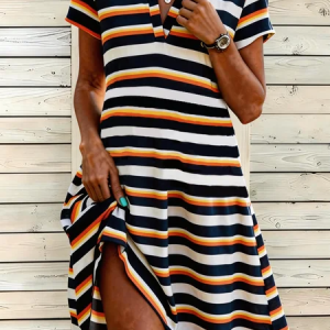 Women Striped Summer Dress Shirt Collar Short Sleeve Shirt Dress A-Line Dress, Dresses, color:Color1|size:5XL, catalog Noracora shop