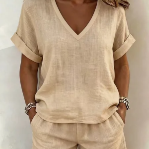 Women Plain Two-Piece Set Daily Short Sleeve Vintage Summer Top With Pants Matching Set, Sets, color:Khaki|size:XXL, catalog Noracora shop