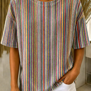 Casual Striped Crew Neck Short Sleeve T-shirt, T-shirts, color:As Picture|size:5XL, catalog Noracora shop