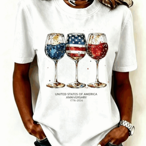 Crew Neck Short Sleeve Independence Day (Flag) Regular Micro-Elasticity Loose Shirt For Women, T-shirts, color:White|size:5XL, catalog Noracora shop