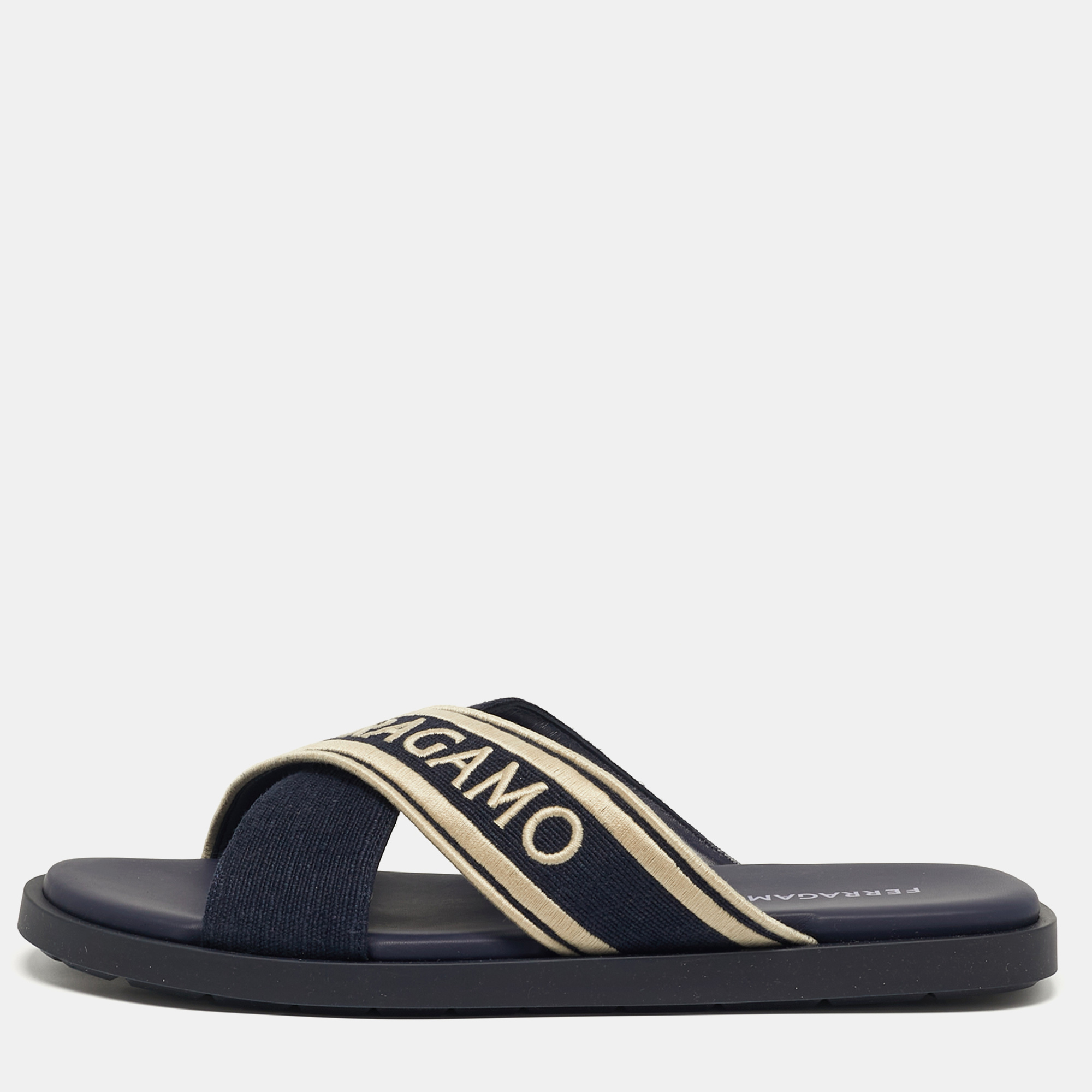 Salvatore Ferragamo Logo Size 45 Navy Blue Canvas Criss Cross Slide Sandals, Sandals - Luxury Closet