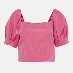 Alice + Olivia Pink Cotton Blend Puff Sleeve Joslyn Crop Top L, Shirts & Tops - Luxury Closet