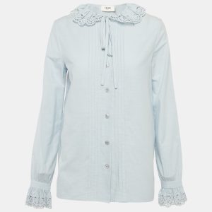 Celine Blue Embroidered Collar Cotton Blouse S, Shirts & Tops - Luxury Closet