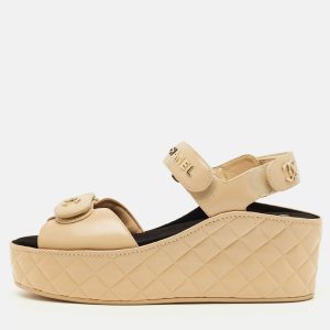 Chanel CC Size 39 Beige Leather Platform Wedge Sandals, Sandals - Luxury Closet