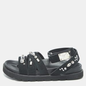 Giuseppe Zanotti Crystal Embellished Size 36 Black Suede Flat Sandals, Sandals - Luxury Closet