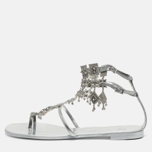 Giuseppe Zanotti Amira Size 37 Silver Leather Charm Embellished Gladiator Flat Sandals, Sandals - Luxury Closet