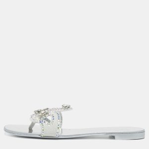 Giuseppe Zanotti Turchesite Size 37 White Suede Crystal Embellished Flat Slide Sandals, Sandals - Luxury Closet