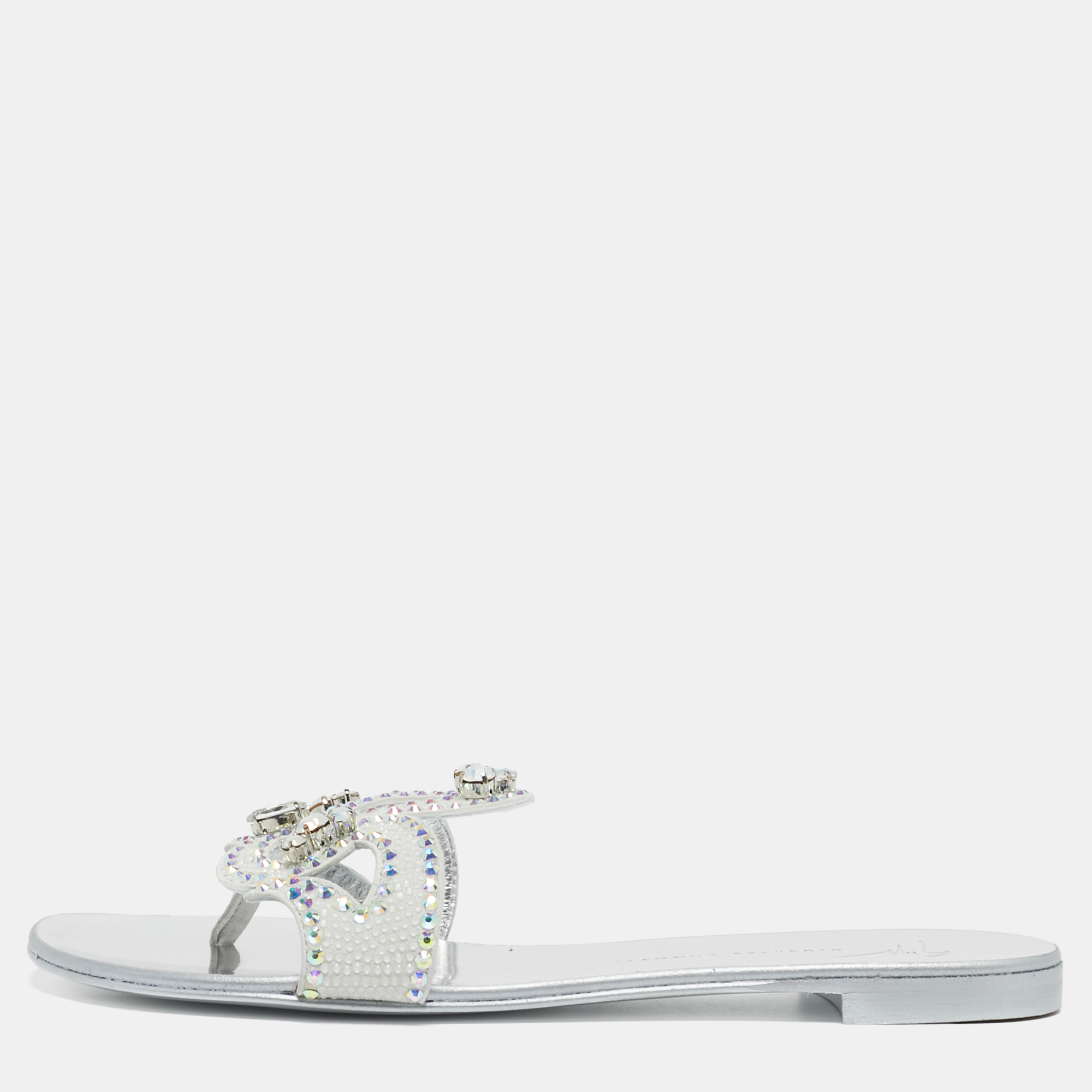 Giuseppe Zanotti Turchesite Size 37 White Suede Crystal Embellished Flat Slide Sandals, Sandals - Luxury Closet