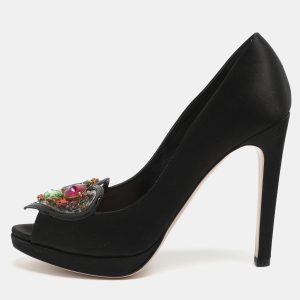 Miu Miu Size 39.5 Black Jeweled PVC and Satin Peep Toe Pumps, Pumps - Luxury Closet