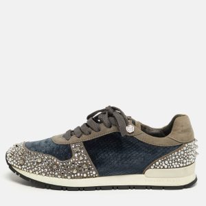 Philipp Plein Size 37 Grey Suede and Velvet Crystal Stud Embellished Lace Up Sneakers, Athletic Shoes & Sneakers - Luxury Closet