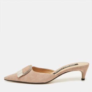 Sergio Rossi Size 37 Beige Suede Crystal Embellished Pointed Toe Mules, Sandals - Luxury Closet