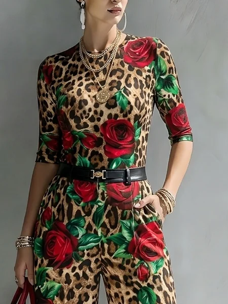 Elegant Leopard Floral Printing Crew Neck T-shirt, Tees, color:As Picture|size:XXL, Stylewe