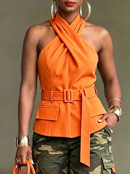 Urban Solid Tailored Cross Halter Neck Blouse, Blouses and Shirts, color:Orange|size:XXL, Stylewe
