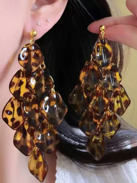 Leopard-print Acrylic Petal Tassel Stud Earrings, Earrings, color:Leopard|size:One-size, Stylewe