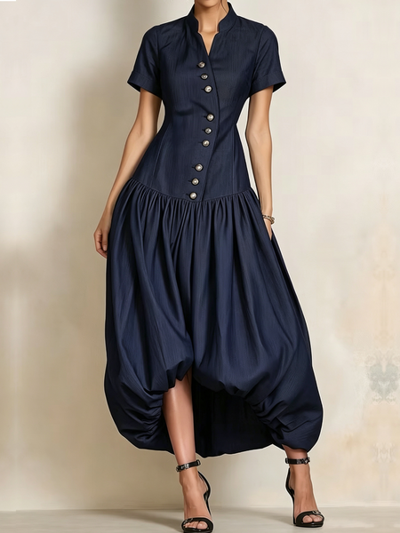 Urban Plain Stand Collar Soft Tencel Denim Maxi Dress, Midi Dresses, color:Deep Blue|size:XXL, Stylewe