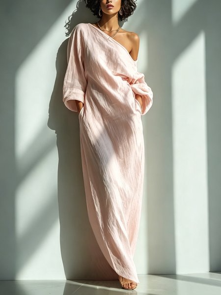 Casual Cotton Linen Maxi Dress Asymmetrical H-Line, Maxi Dresses, color:Pink|size:XXL, Stylewe
