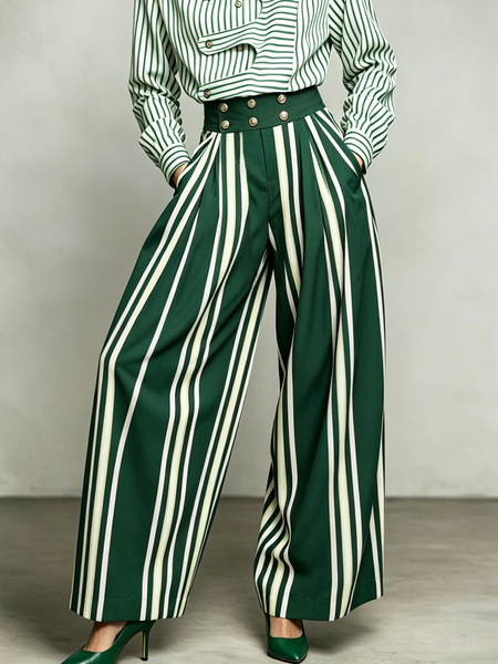 Urban Striped Wide Leg Pants, Pants, color:Green|size:XXL, Stylewe