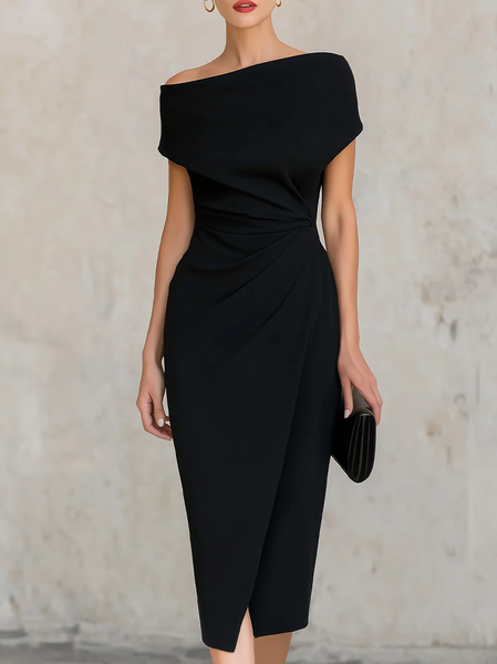 Urban Plain Ruched One Shoulder Midi Dress, Midi Dresses, color:Black|size:XXL, Stylewe