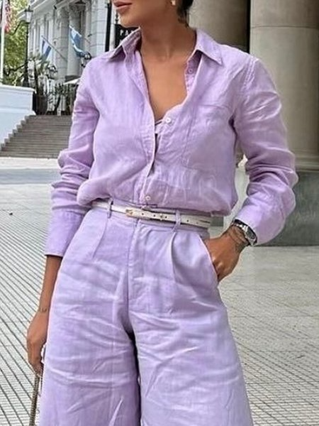 Cotton And Linen Urban Plain Shirt, Blouses and Shirts, color:Light Purple|size:XS, Stylewe