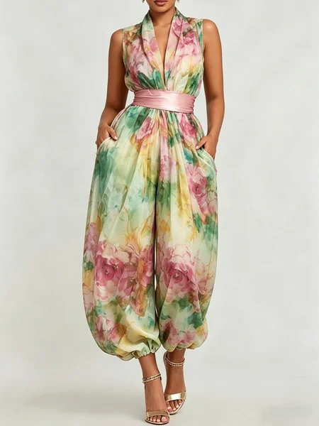 Urban Floral V Neck Jumpsuit With Belt, Jumpsuits, color:As Picture|size:XXL, Stylewe