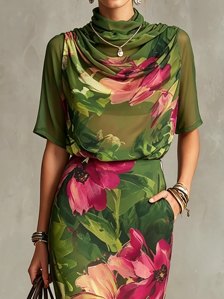 Elegant Floral Stand Collar Blouse, Blouses and Shirts, color:As Picture|size:XXL, Stylewe