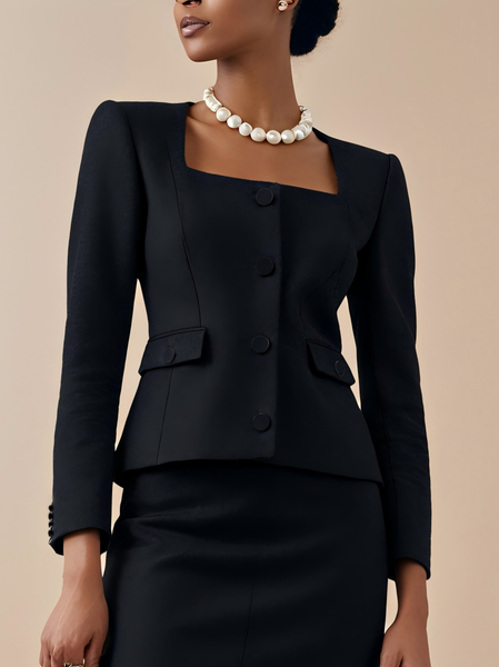 Elegant Square Neck Wool Blazer, Blazers, color:Black|size:XL, Stylewe