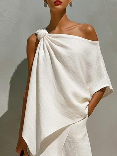 Cotton And Linen Vacation Plain Bow Asymmetrical Blouse, Blouses and Shirts, color:White|size:XXL, Stylewe