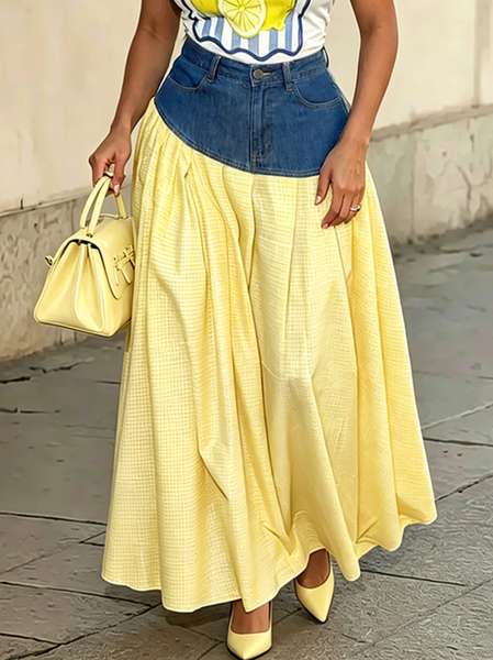 Casual Distressing Split JointColor Block Maxi Skirt, Skirts, color:Yellow|size:XXL, Stylewe