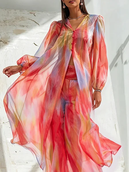 Urban Ombre Printing Color Block Buttoned Balloon Sleeve Shirt, Blouses and Shirts, color:Pink|size:XXL, Stylewe