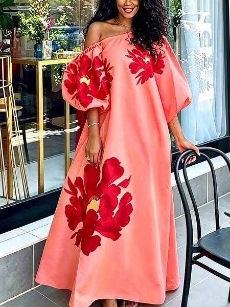 Elegant Floral Puff Sleeve Printing Asymmetrical Maxi Dress, Maxi Dresses, color:As Picture|size:XXL, Stylewe