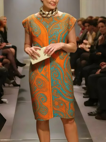 Elegant Paisley Printing Crew Neck Knee Length Dress, Mini Dresses, color:Orange|size:XXL, Stylewe