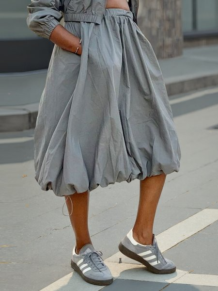 Casual Ruched Plain Midi Skirt, Skirts, color:Gray|size:XXL, Stylewe