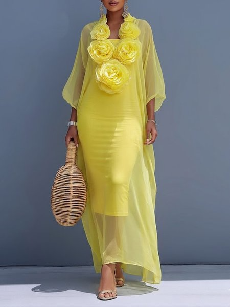 Elegant Plain 3D Floral V Neck Maxi Dress, Maxi Dresses, color:Yellow|size:XXL, Stylewe