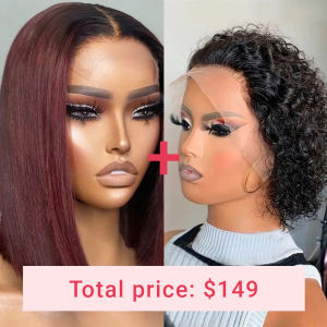 Nadula 10 Inch Ombre 99J Lace Closure Bob Wig +6 Inch Curly Pixie Cut Wig, Catalog Online Nadula 1998